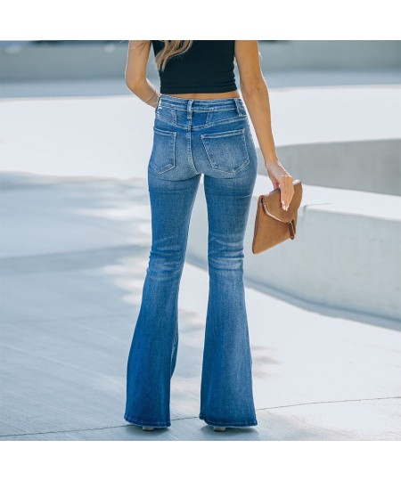 Women Flare Jeans Skinny Boot-cut Denim Trousers Vintage Button High Waist Stretch Jeans Woman Blue Bellbottoms Pants $52.30 ...