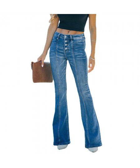 Women Flare Jeans Skinny Boot-cut Denim Trousers Vintage Button High Waist Stretch Jeans Woman Blue Bellbottoms Pants $52.30 ...