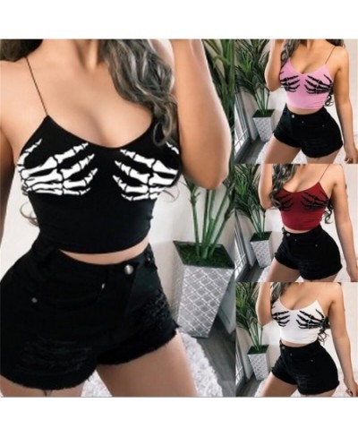 Sexy Club Women Summer Crop Top Camis Punk Y2K Harajuku Black Sleeveless Human Skeleton Skull Hand Printed Tights Vest Femme ...