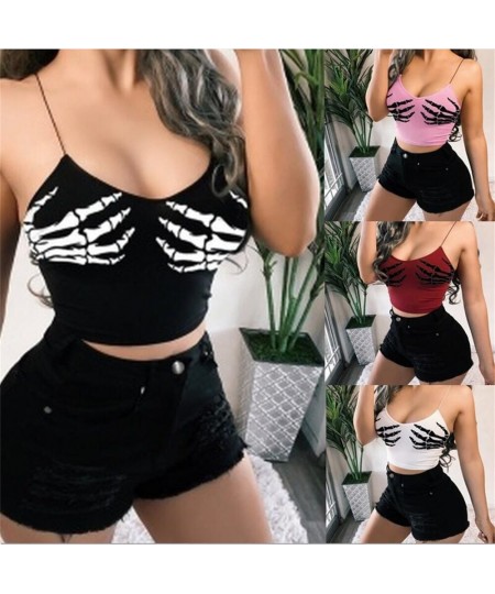 Sexy Club Women Summer Crop Top Camis Punk Y2K Harajuku Black Sleeveless Human Skeleton Skull Hand Printed Tights Vest Femme ...