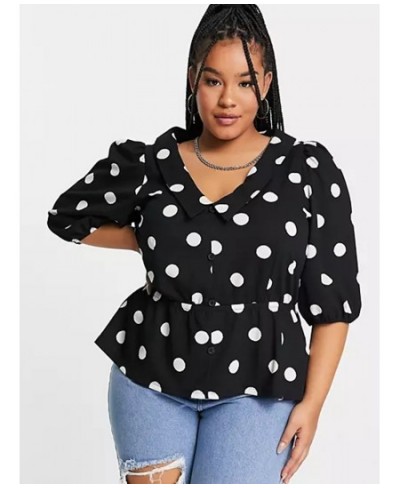 Plus Size V-neck Elegant Summer Spring Polka Dot Print Peplum Blouse Women 3/4 Sleeve Elastic Waist Button Front Casual Top 6...