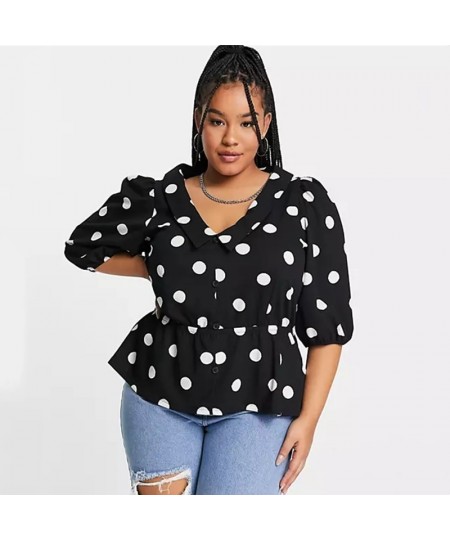 Plus Size V-neck Elegant Summer Spring Polka Dot Print Peplum Blouse Women 3/4 Sleeve Elastic Waist Button Front Casual Top 6...