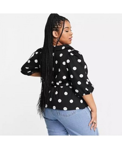 Plus Size V-neck Elegant Summer Spring Polka Dot Print Peplum Blouse Women 3/4 Sleeve Elastic Waist Button Front Casual Top 6...