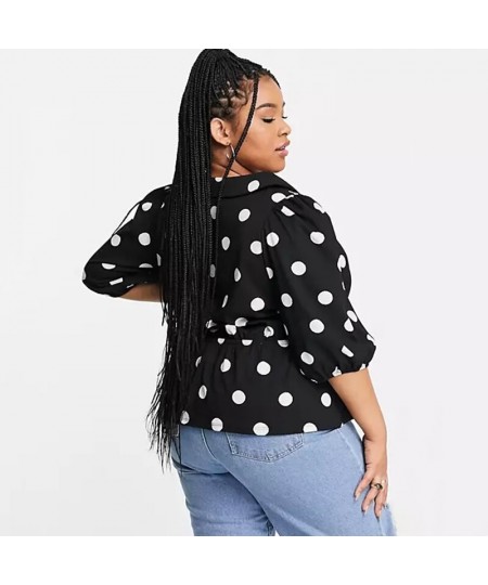 Plus Size V-neck Elegant Summer Spring Polka Dot Print Peplum Blouse Women 3/4 Sleeve Elastic Waist Button Front Casual Top 6...