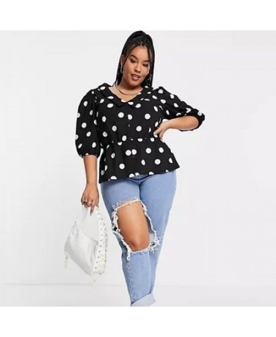 Plus Size V-neck Elegant Summer Spring Polka Dot Print Peplum Blouse Women 3/4 Sleeve Elastic Waist Button Front Casual Top 6...