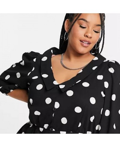 Plus Size V-neck Elegant Summer Spring Polka Dot Print Peplum Blouse Women 3/4 Sleeve Elastic Waist Button Front Casual Top 6...