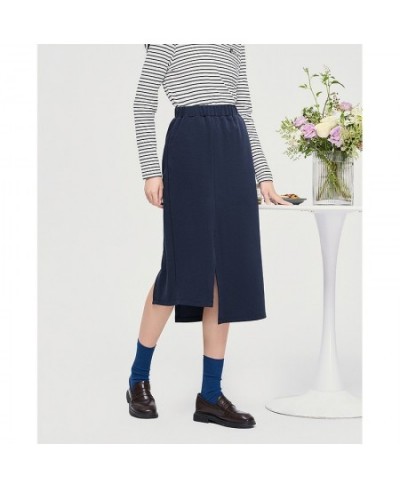 Women Skirt 2022 Autumn A Line Elastic Waist Irregular Split Hem Embroidery Chic Casual Streetwear Midi Skirt $47.49 - Skirts