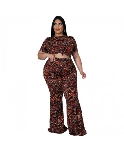 Plus Size Women Clothing Tracksuit Two Piece Set Art Print Short Sleeve Tops + Bell Bottom Pant Wholesale $53.81 - Plus Size ...