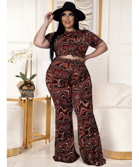 Plus Size Women Clothing Tracksuit Two Piece Set Art Print Short Sleeve Tops + Bell Bottom Pant Wholesale $53.81 - Plus Size ...