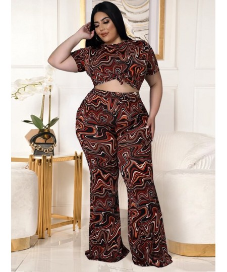 Plus Size Women Clothing Tracksuit Two Piece Set Art Print Short Sleeve Tops + Bell Bottom Pant Wholesale $53.81 - Plus Size ...