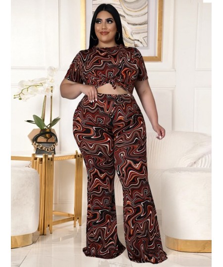 Plus Size Women Clothing Tracksuit Two Piece Set Art Print Short Sleeve Tops + Bell Bottom Pant Wholesale $53.81 - Plus Size ...