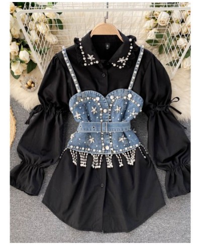 High Quality Shinny Diamond Beaded Denim Vest White Shirt Dress 2pcs Suits Puff sleeve Blouse + Tassel Pearl Denim Vest Sets ...