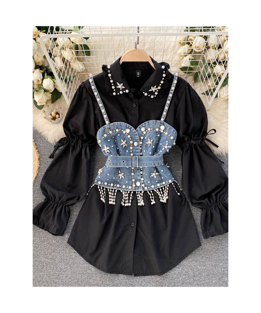 High Quality Shinny Diamond Beaded Denim Vest White Shirt Dress 2pcs Suits Puff sleeve Blouse + Tassel Pearl Denim Vest Sets ...