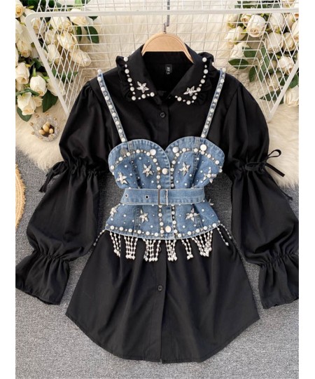 High Quality Shinny Diamond Beaded Denim Vest White Shirt Dress 2pcs Suits Puff sleeve Blouse + Tassel Pearl Denim Vest Sets ...