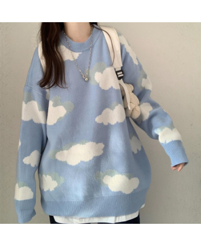 Deeptown Kawaii Cartoon Cloud Print Knitted Sweater Women Korean Style Harajuku Blue Long Sleeve Oversize Jumper Female Winte...