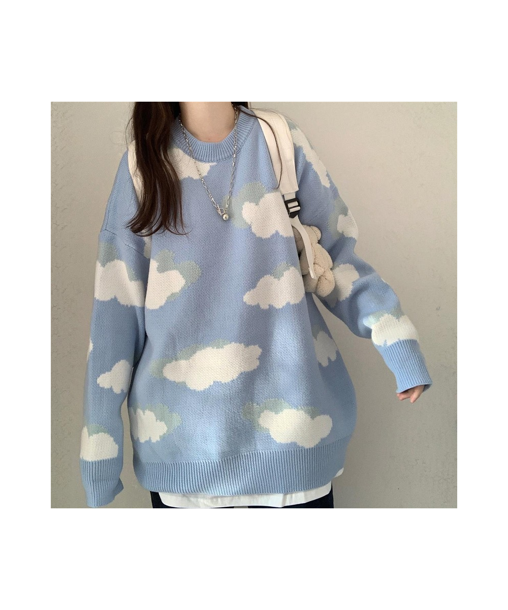 Deeptown Kawaii Cartoon Cloud Print Knitted Sweater Women Korean Style Harajuku Blue Long Sleeve Oversize Jumper Female Winte...