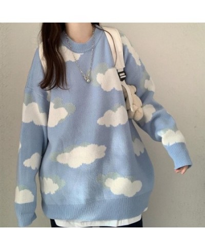 Deeptown Kawaii Cartoon Cloud Print Knitted Sweater Women Korean Style Harajuku Blue Long Sleeve Oversize Jumper Female Winte...