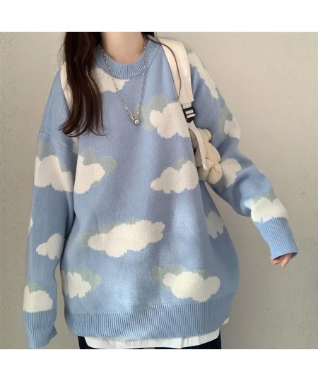 Deeptown Kawaii Cartoon Cloud Print Knitted Sweater Women Korean Style Harajuku Blue Long Sleeve Oversize Jumper Female Winte...