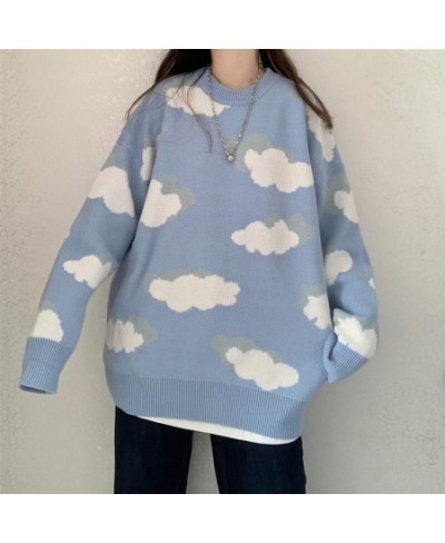 Deeptown Kawaii Cartoon Cloud Print Knitted Sweater Women Korean Style Harajuku Blue Long Sleeve Oversize Jumper Female Winte...