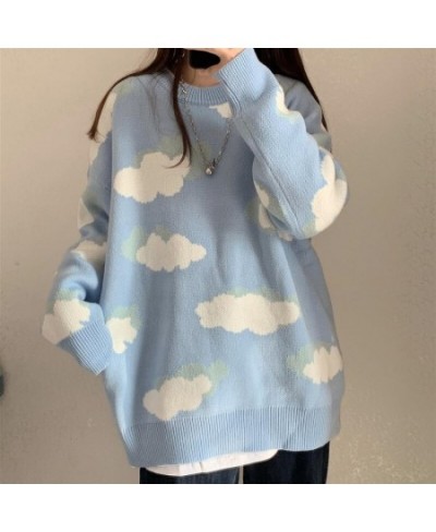 Deeptown Kawaii Cartoon Cloud Print Knitted Sweater Women Korean Style Harajuku Blue Long Sleeve Oversize Jumper Female Winte...