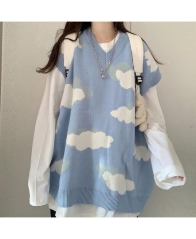 Deeptown Kawaii Cartoon Cloud Print Knitted Sweater Women Korean Style Harajuku Blue Long Sleeve Oversize Jumper Female Winte...