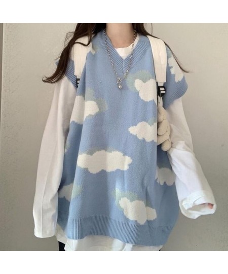 Deeptown Kawaii Cartoon Cloud Print Knitted Sweater Women Korean Style Harajuku Blue Long Sleeve Oversize Jumper Female Winte...