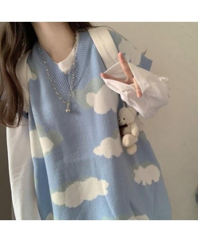 Deeptown Kawaii Cartoon Cloud Print Knitted Sweater Women Korean Style Harajuku Blue Long Sleeve Oversize Jumper Female Winte...