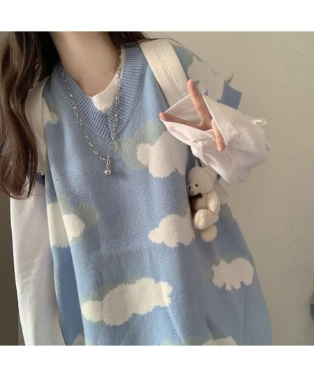 Deeptown Kawaii Cartoon Cloud Print Knitted Sweater Women Korean Style Harajuku Blue Long Sleeve Oversize Jumper Female Winte...