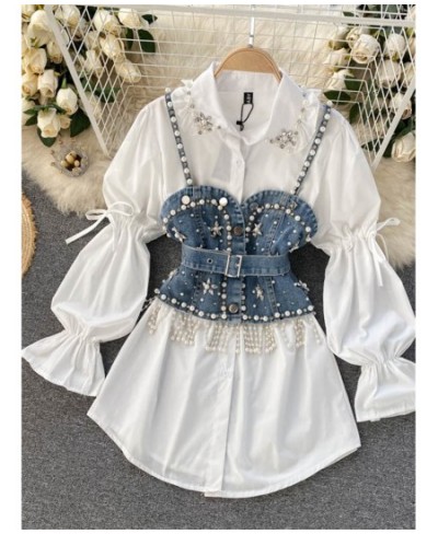 High Quality Shinny Diamond Beaded Denim Vest White Shirt Dress 2pcs Suits Puff sleeve Blouse + Tassel Pearl Denim Vest Sets ...