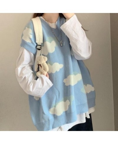 Deeptown Kawaii Cartoon Cloud Print Knitted Sweater Women Korean Style Harajuku Blue Long Sleeve Oversize Jumper Female Winte...