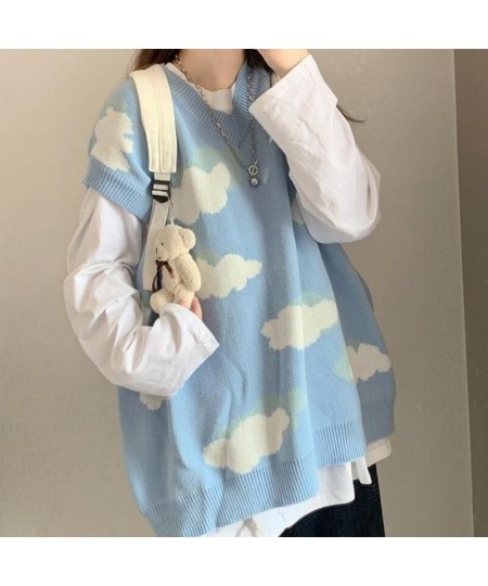 Deeptown Kawaii Cartoon Cloud Print Knitted Sweater Women Korean Style Harajuku Blue Long Sleeve Oversize Jumper Female Winte...