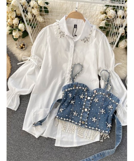 High Quality Shinny Diamond Beaded Denim Vest White Shirt Dress 2pcs Suits Puff sleeve Blouse + Tassel Pearl Denim Vest Sets ...