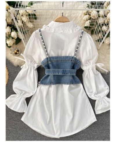 High Quality Shinny Diamond Beaded Denim Vest White Shirt Dress 2pcs Suits Puff sleeve Blouse + Tassel Pearl Denim Vest Sets ...