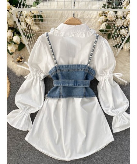 High Quality Shinny Diamond Beaded Denim Vest White Shirt Dress 2pcs Suits Puff sleeve Blouse + Tassel Pearl Denim Vest Sets ...