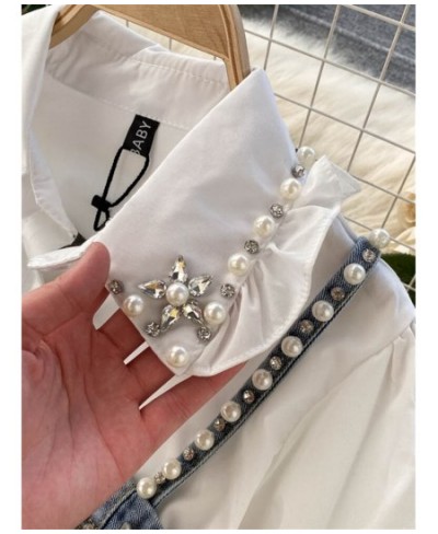 High Quality Shinny Diamond Beaded Denim Vest White Shirt Dress 2pcs Suits Puff sleeve Blouse + Tassel Pearl Denim Vest Sets ...