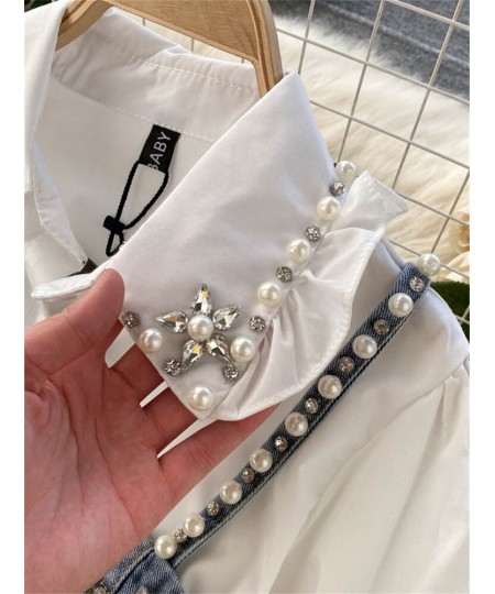 High Quality Shinny Diamond Beaded Denim Vest White Shirt Dress 2pcs Suits Puff sleeve Blouse + Tassel Pearl Denim Vest Sets ...