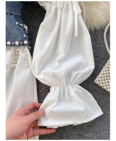 High Quality Shinny Diamond Beaded Denim Vest White Shirt Dress 2pcs Suits Puff sleeve Blouse + Tassel Pearl Denim Vest Sets ...