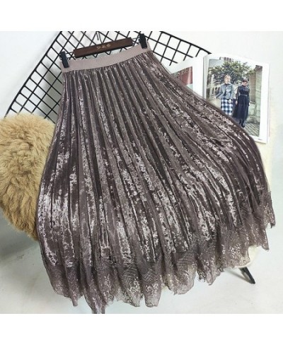 Autumn and Winter Lace Mesh Skirt Long Pleated Skirt High Waist Pleuche Woman Skirts Mujer Faldas Saias Mulher $37.65 - Skirts