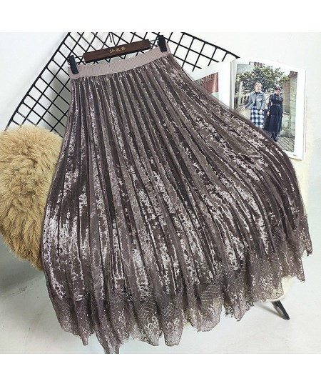 Autumn and Winter Lace Mesh Skirt Long Pleated Skirt High Waist Pleuche Woman Skirts Mujer Faldas Saias Mulher $37.65 - Skirts