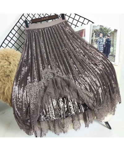 Autumn and Winter Lace Mesh Skirt Long Pleated Skirt High Waist Pleuche Woman Skirts Mujer Faldas Saias Mulher $37.65 - Skirts