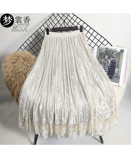 Autumn and Winter Lace Mesh Skirt Long Pleated Skirt High Waist Pleuche Woman Skirts Mujer Faldas Saias Mulher $37.65 - Skirts