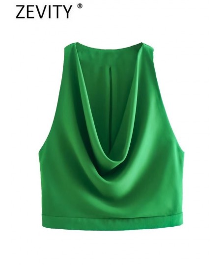 Women Fashion Sagging Neckline Design Sleeveless Green Vest Smock Blouse Female Back Zipper Shirt Chic BlusasTops LS2915 $29....