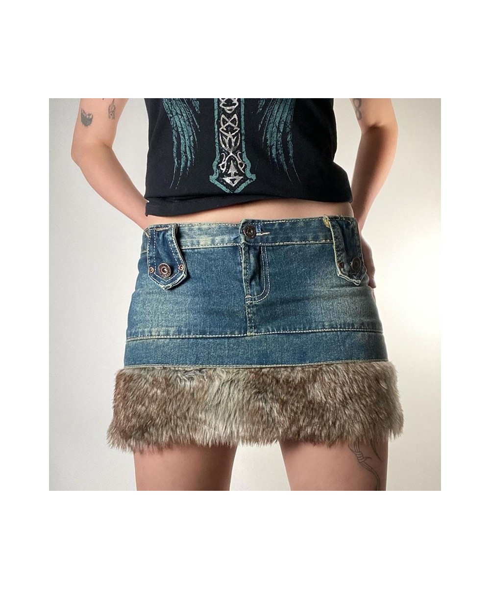 90s Vintage Y2K Low Waisted Jeans Skirt Korean Retro Cute Fur Trim Pencil Skirts Fairycore Chic Women Harajuku Streetwear $41...