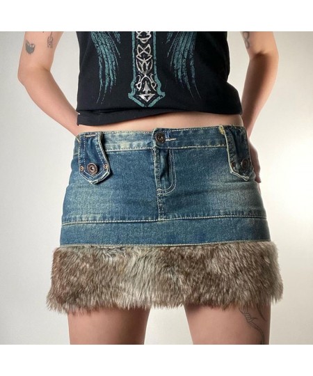 90s Vintage Y2K Low Waisted Jeans Skirt Korean Retro Cute Fur Trim Pencil Skirts Fairycore Chic Women Harajuku Streetwear $41...