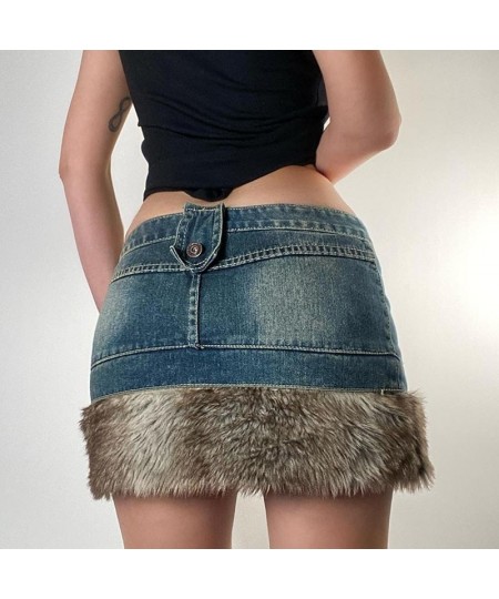 90s Vintage Y2K Low Waisted Jeans Skirt Korean Retro Cute Fur Trim Pencil Skirts Fairycore Chic Women Harajuku Streetwear $41...