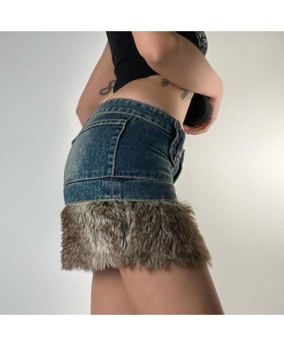 90s Vintage Y2K Low Waisted Jeans Skirt Korean Retro Cute Fur Trim Pencil Skirts Fairycore Chic Women Harajuku Streetwear $41...