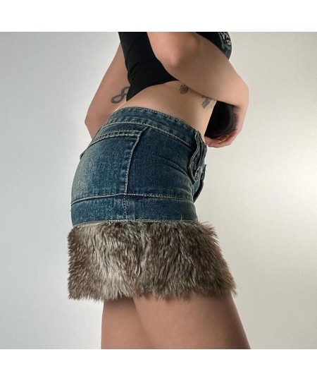 90s Vintage Y2K Low Waisted Jeans Skirt Korean Retro Cute Fur Trim Pencil Skirts Fairycore Chic Women Harajuku Streetwear $41...