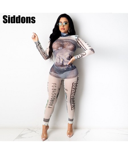 Rich Gyal US Money Dollar Print Jumpsuit Women Sheer Mesh Spliced Long Sleeve Slim Jumpsuit Streetwear Skinny Overalls $42.58...