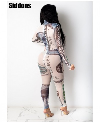 Rich Gyal US Money Dollar Print Jumpsuit Women Sheer Mesh Spliced Long Sleeve Slim Jumpsuit Streetwear Skinny Overalls $42.58...