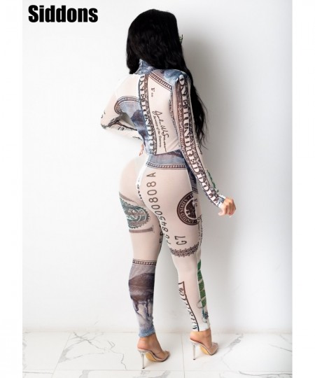 Rich Gyal US Money Dollar Print Jumpsuit Women Sheer Mesh Spliced Long Sleeve Slim Jumpsuit Streetwear Skinny Overalls $42.58...